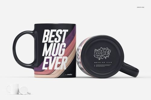PSD mockup of an 11oz mug showing both the front with graphic text and the underside with branding details.