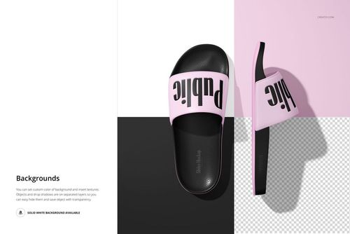 Slip-on slide sandal mockup with a pink strap featuring bold black text, displayed from a top view on split backgrounds.