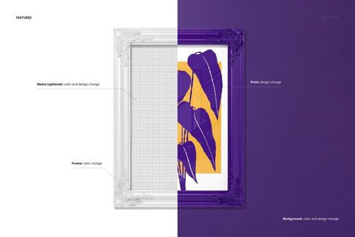 Front view of a classic painted picture frame mockup split into white and purple halves, with a botanical print inside.