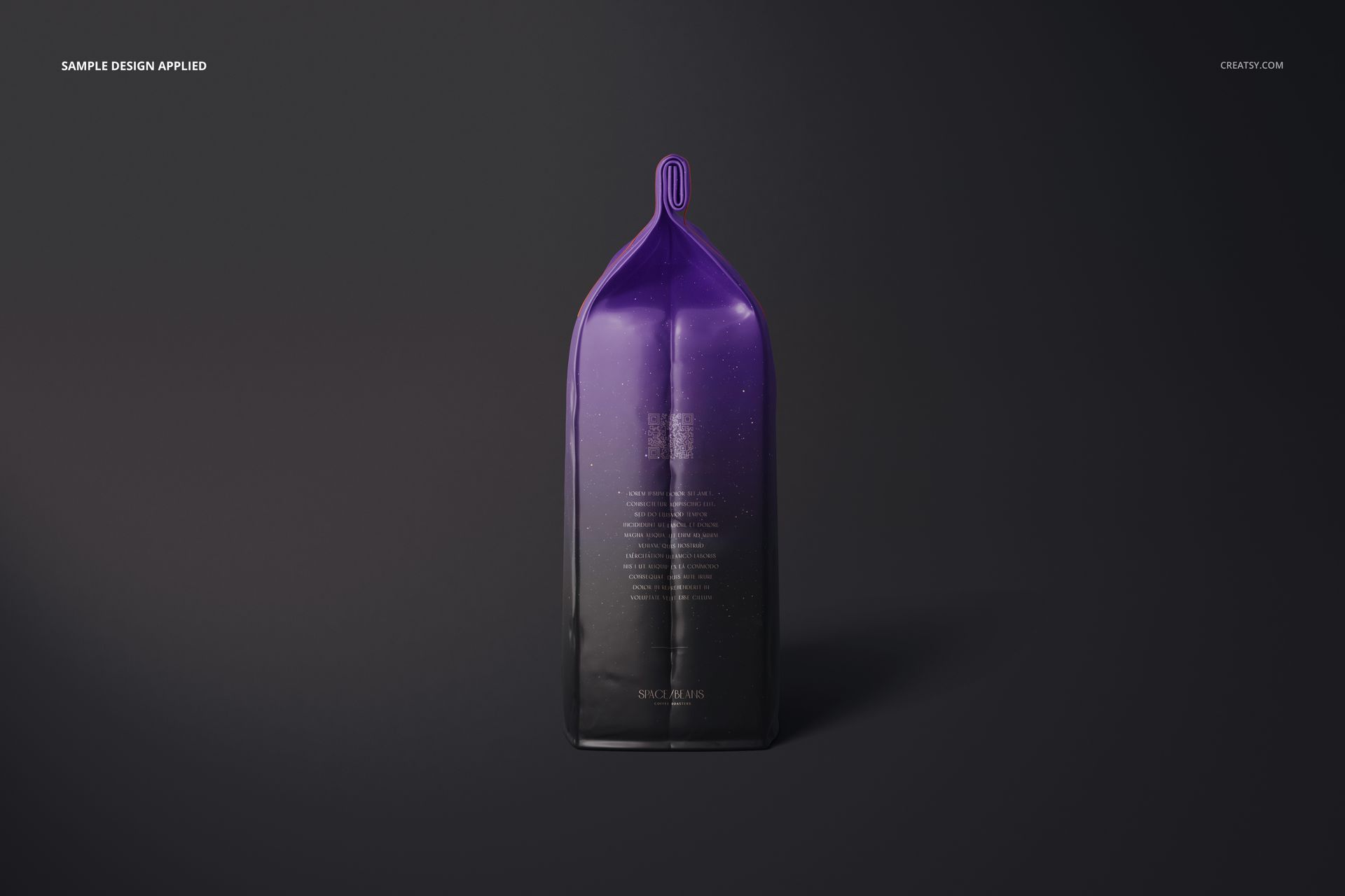 Glossy coffee bag mockup shown from the front on a dark background, featuring a gradient purple and black color scheme.