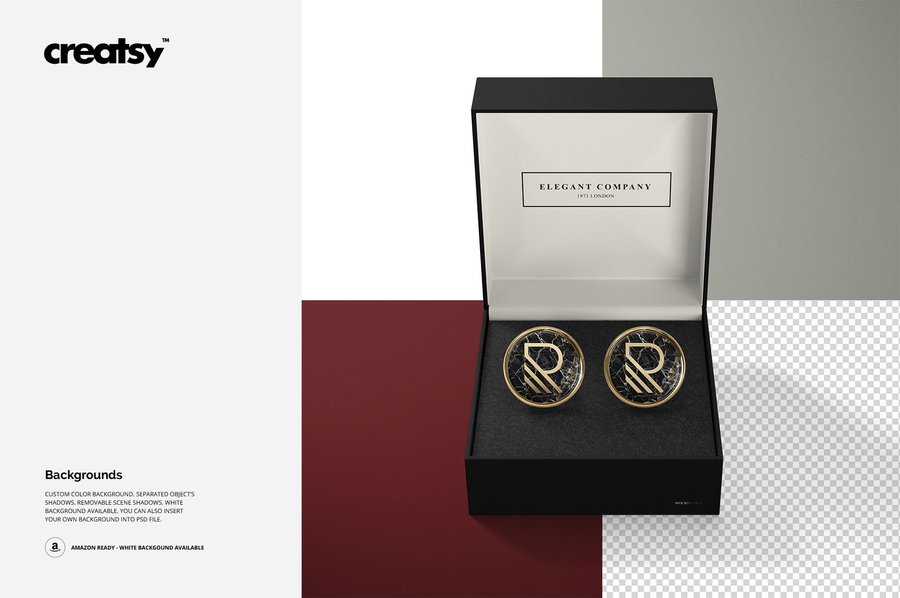 PSD mockup showing two decorative cufflinks in a black gift box on a geometric background, overhead view.
