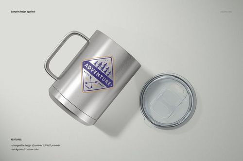 Stainless steel camp coffee mug with handle and removable clear lid, shown on a light background, front and top view.