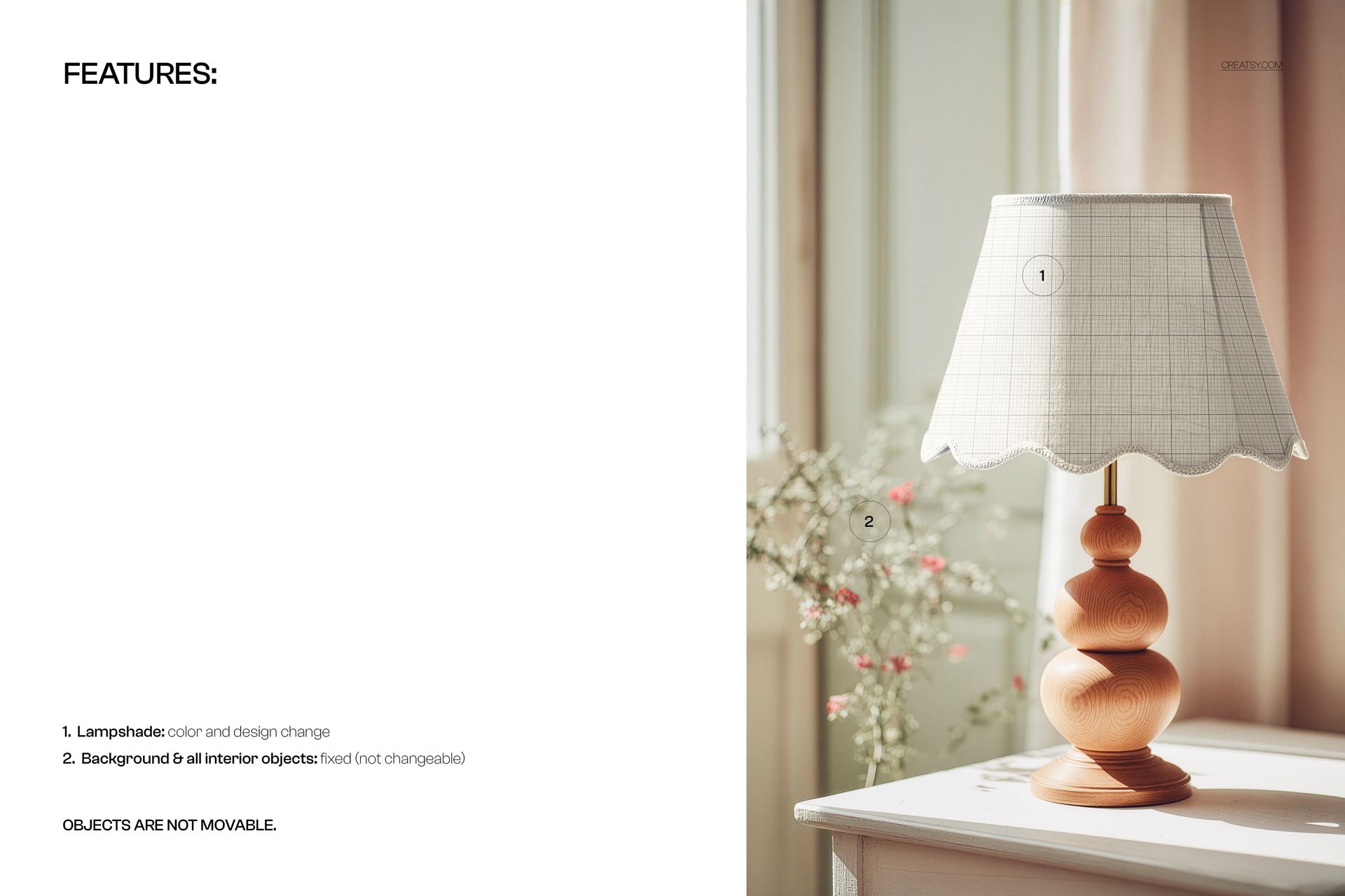 PSD mockup featuring a wooden lamp with a scalloped grid-pattern lampshade, set on a table with soft daylight.