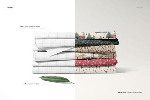 Front view of a fabric stack mockup with editable designs, featuring grid and nature-inspired patterns.