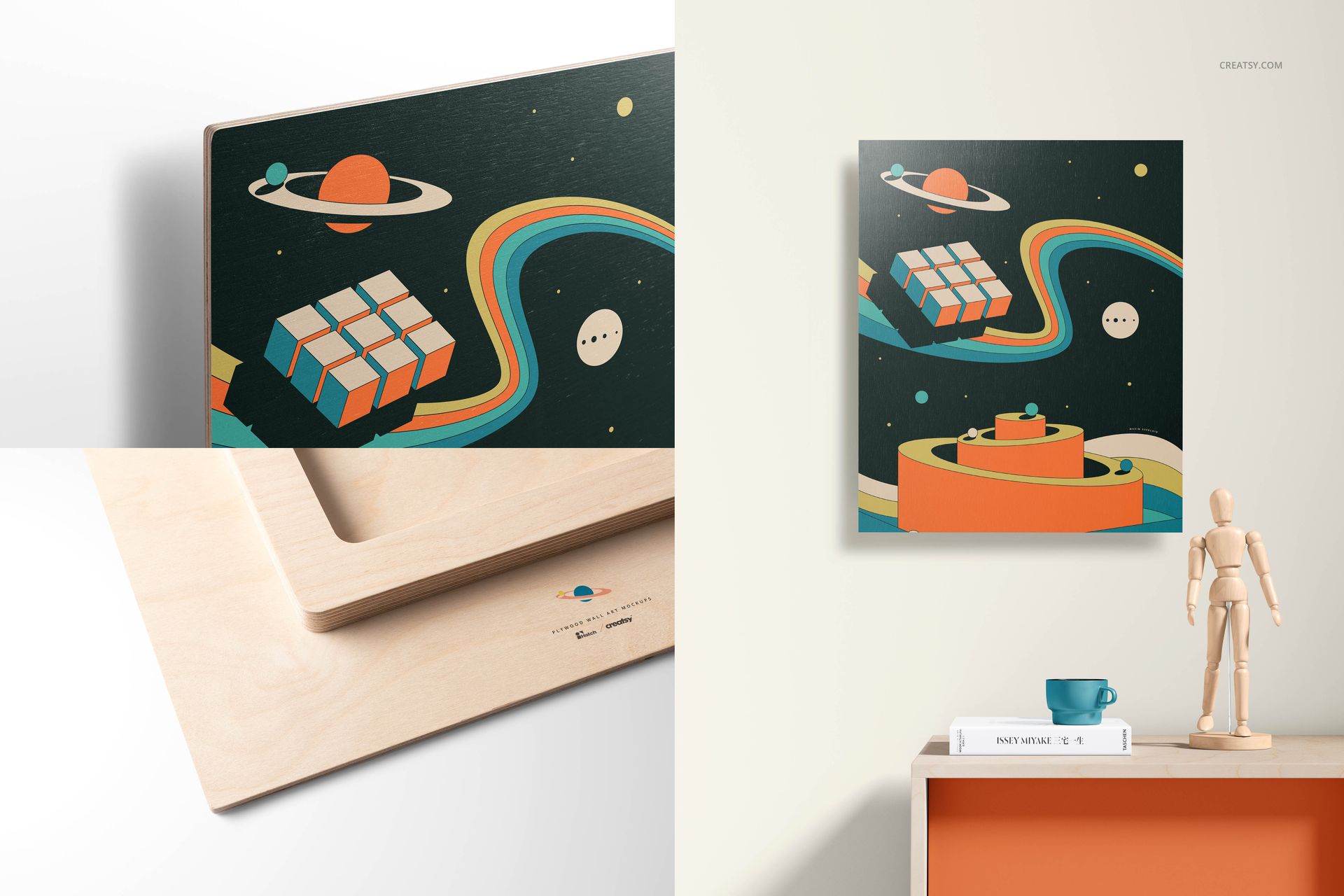 Square plywood wall art mockup featuring a colorful retro space-themed illustration, shown in a modern interior scene.