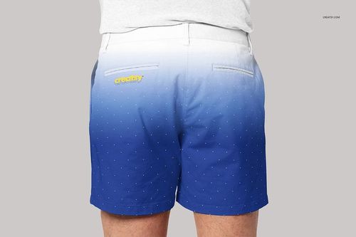 Rear perspective of men's shorts mockup in blue and white gradient, dotted pattern, and yellow logo detail on pocket.