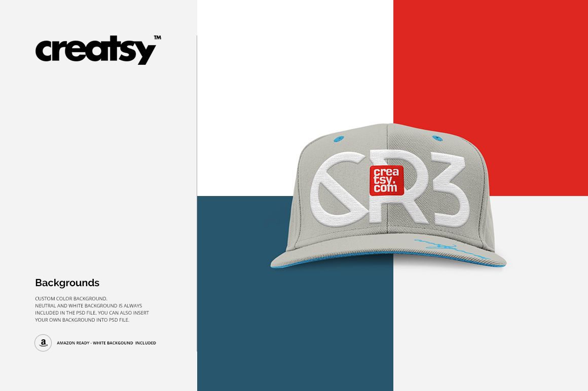 Front view of a gray snapback cap mockup with large white lettering, displayed against a color-blocked background.