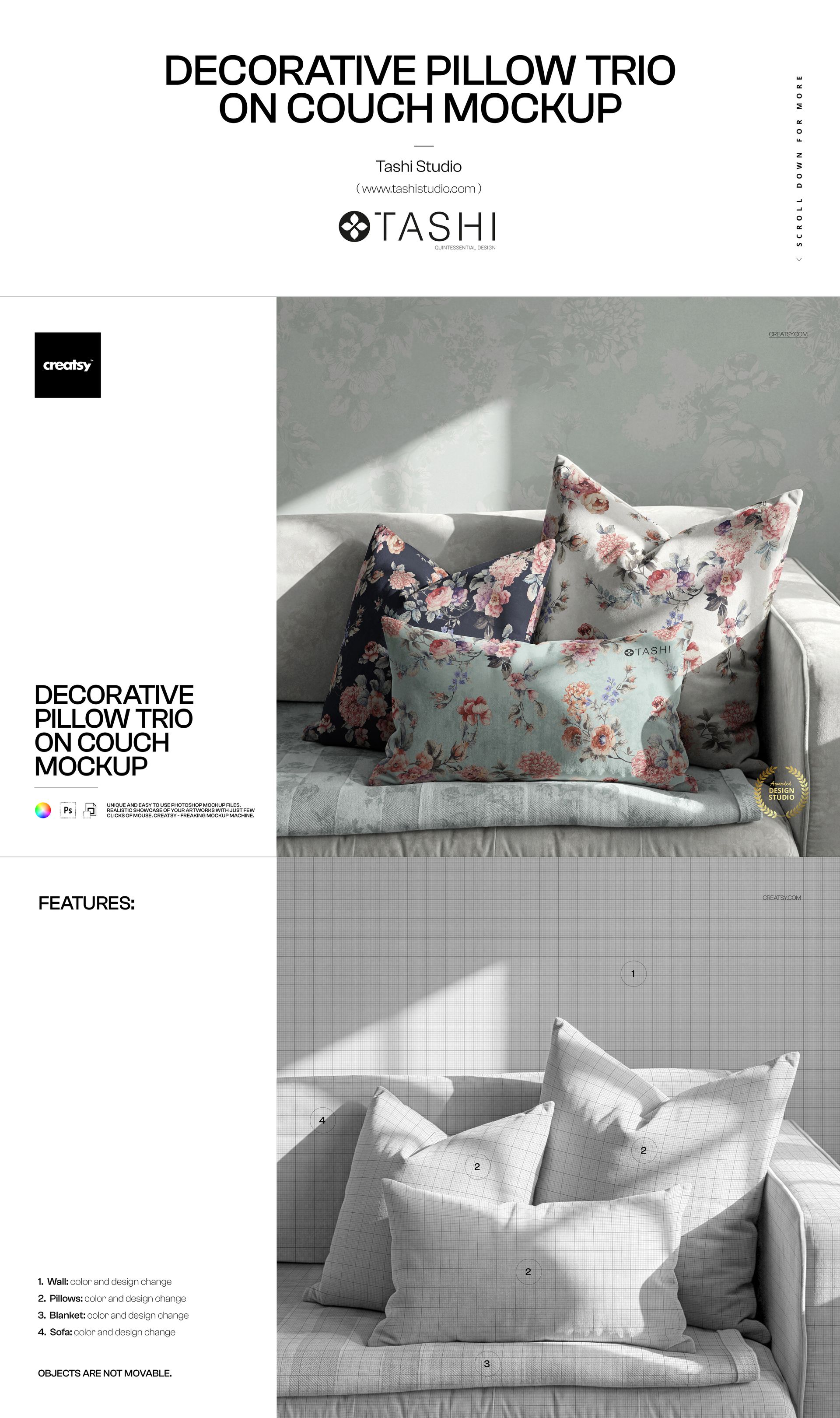 Front view of three decorative pillows with floral patterns on a light couch, shown in a wallpaper mockup scene.