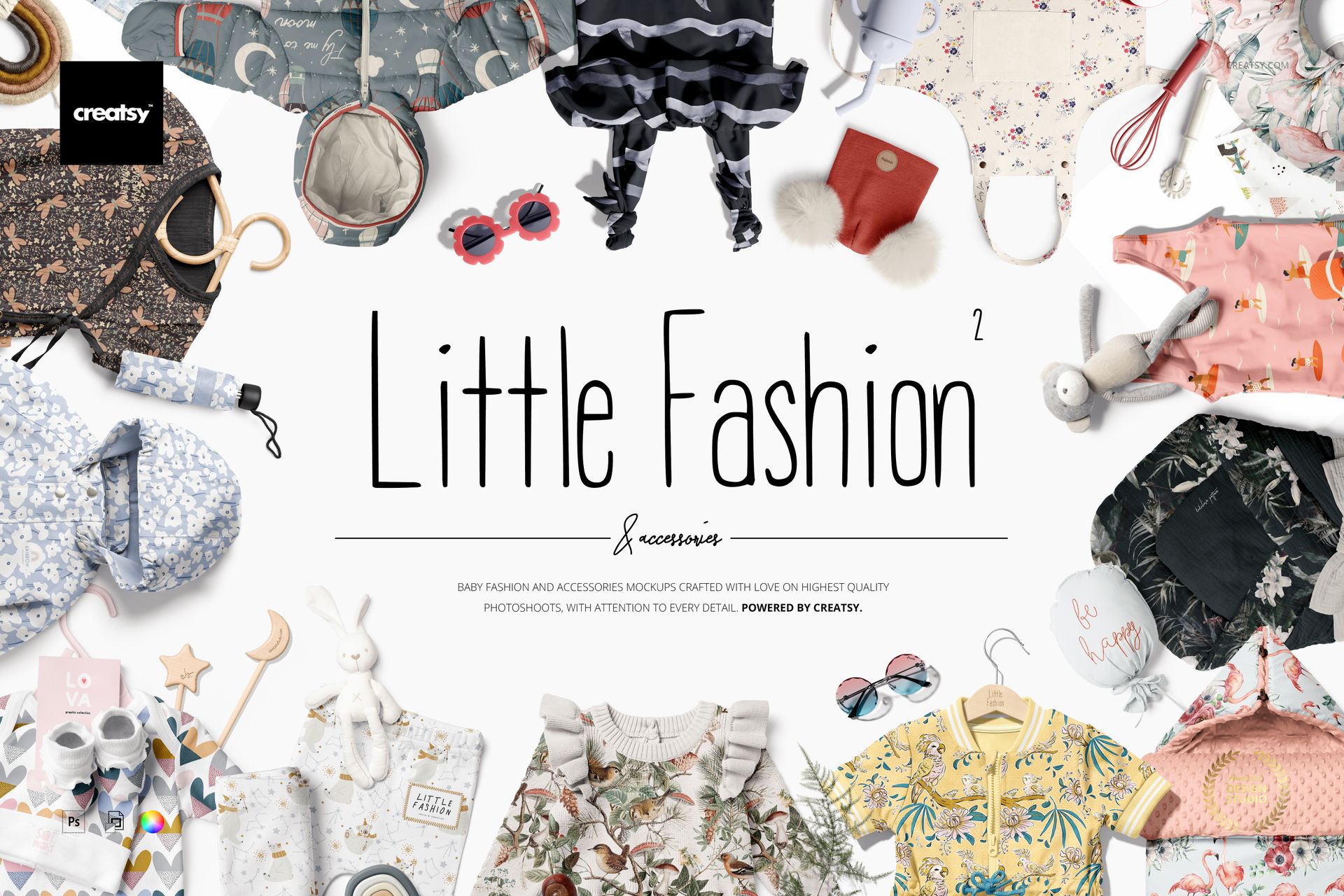 Little Fashion 2 mockup bundle showing diverse kids apparel, bags, sunglasses, and plush toys on a white background.