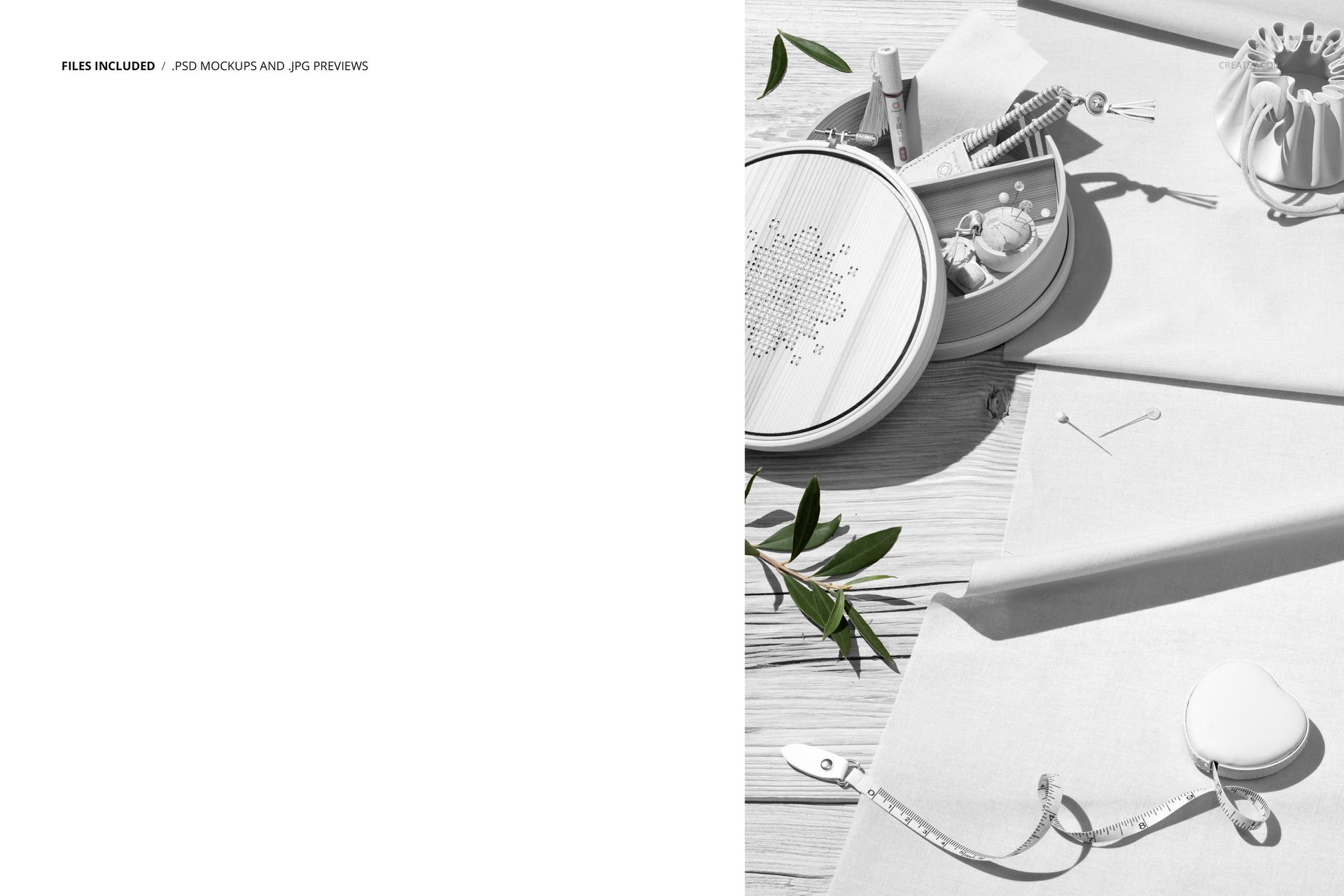 Top view of a cotton fabric and embroidery kit mockup with sewing tools, embroidery hoop, and leaves on a wooden surface.