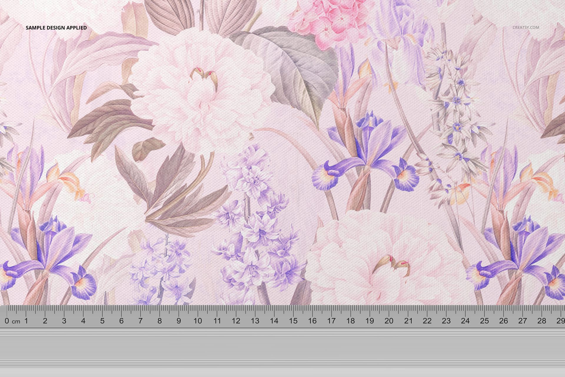PSD mockup of curtains fabric displaying soft pink and purple botanical design, front perspective, ruler for scale.