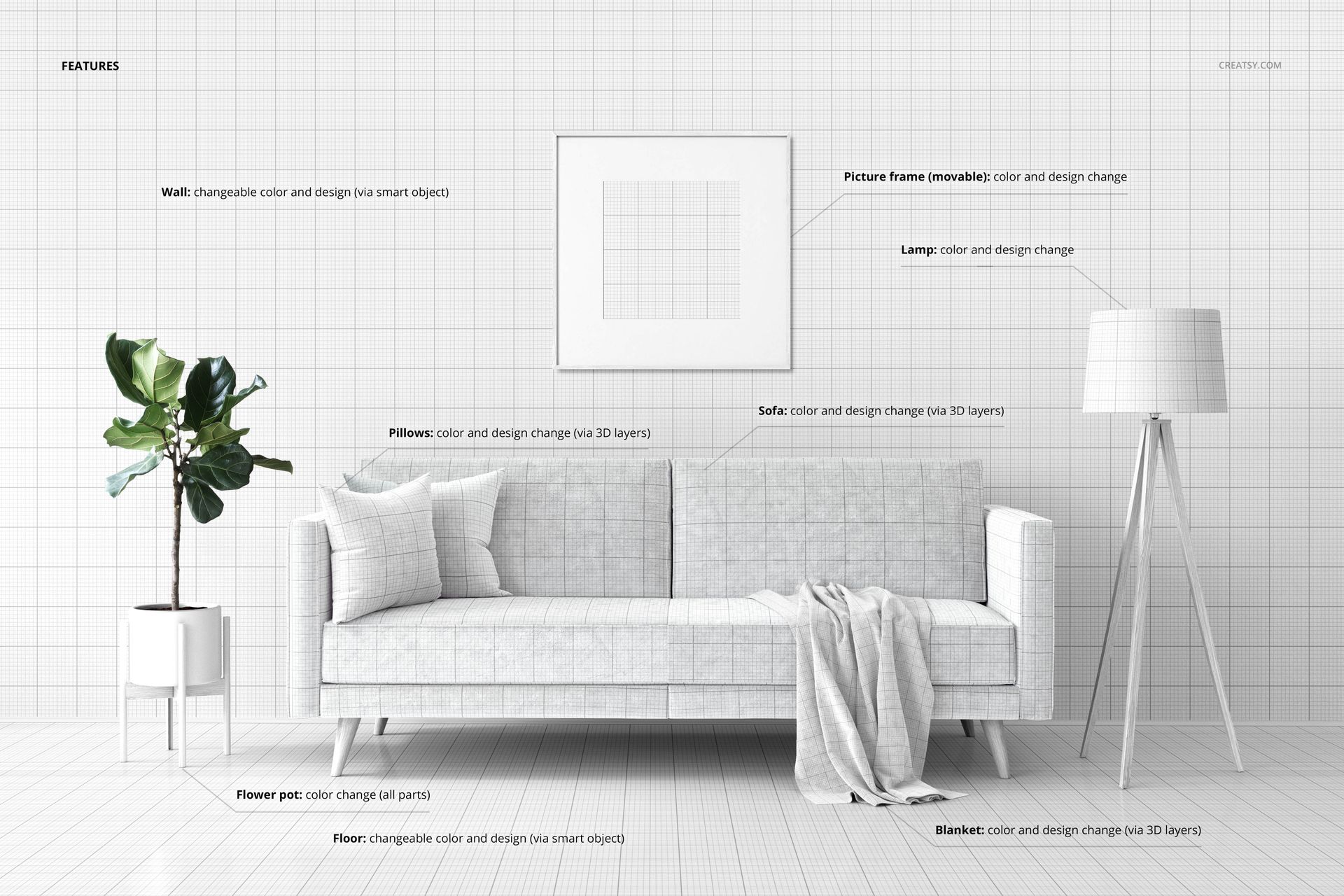 Minimalist living room mockup featuring a light gray sofa, floor lamp, potted plant, and wall art in front view.