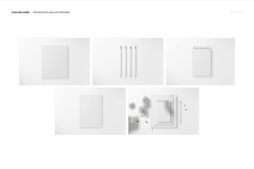 Stationery set mockup featuring a notebook, pens, and spiral notepads arranged on a white surface, top view.
