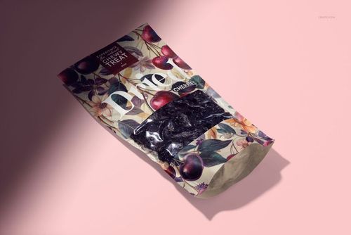 Front view of a dried cherries paper pouch mockup with illustrated cherries and leaves, placed on a light pink background.