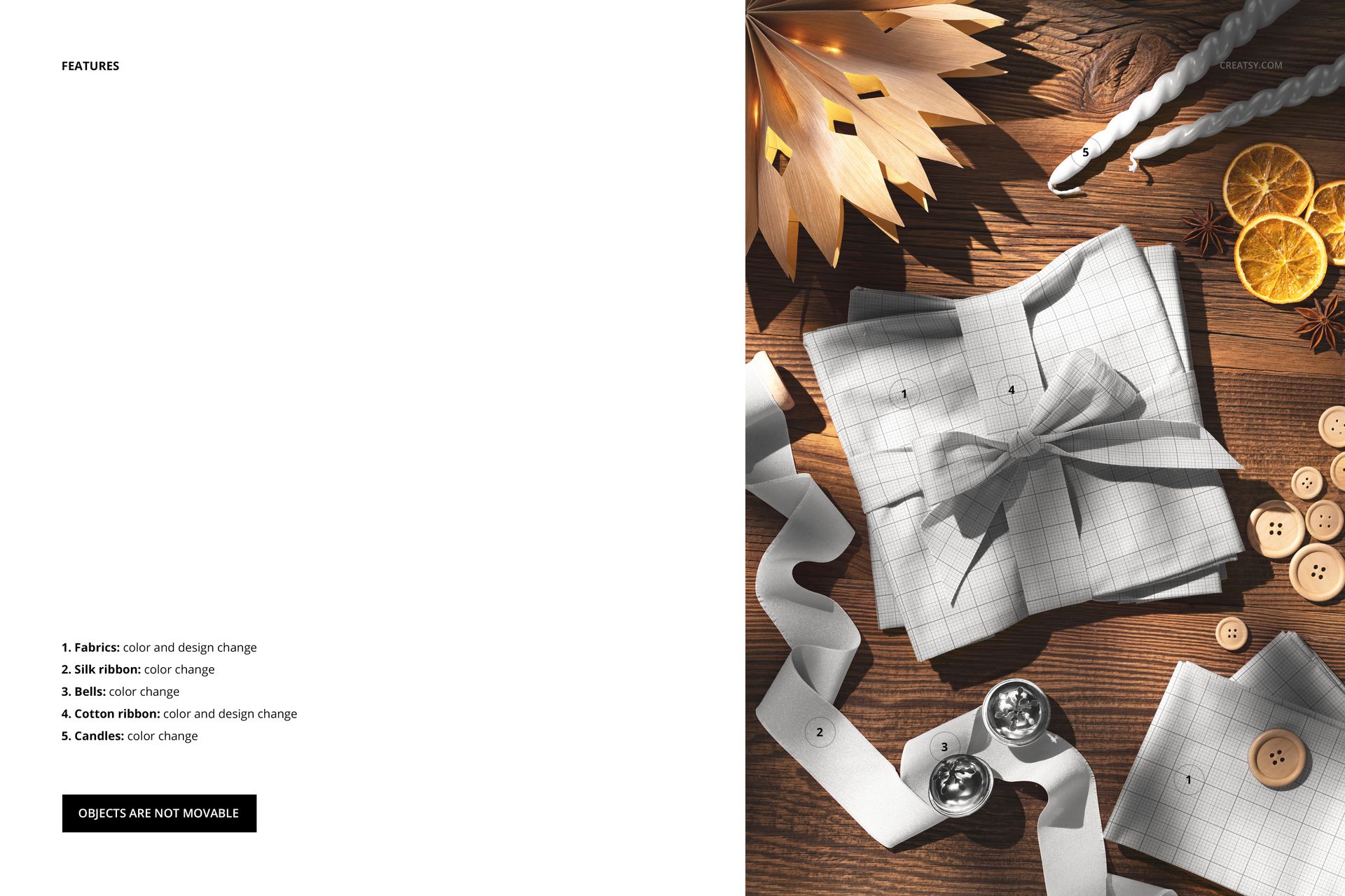 Christmas-themed folded cotton fabric mockup on a wooden surface, decorated with ribbons, candles, and festive props.