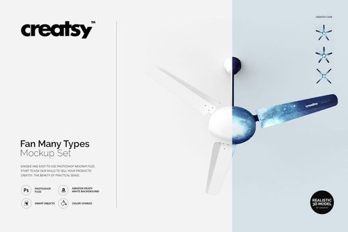 Ceiling fan mockup with three blades, shown in a front view. The fan features a split design with white and blue galaxy pattern.