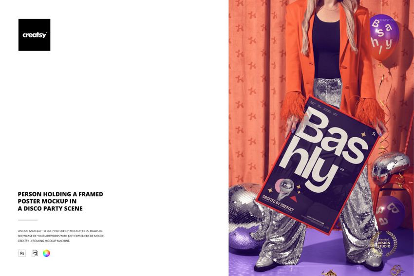 Person Holding a Framed Poster Mockup in a Disco Party Scene - mockup screenshot 1