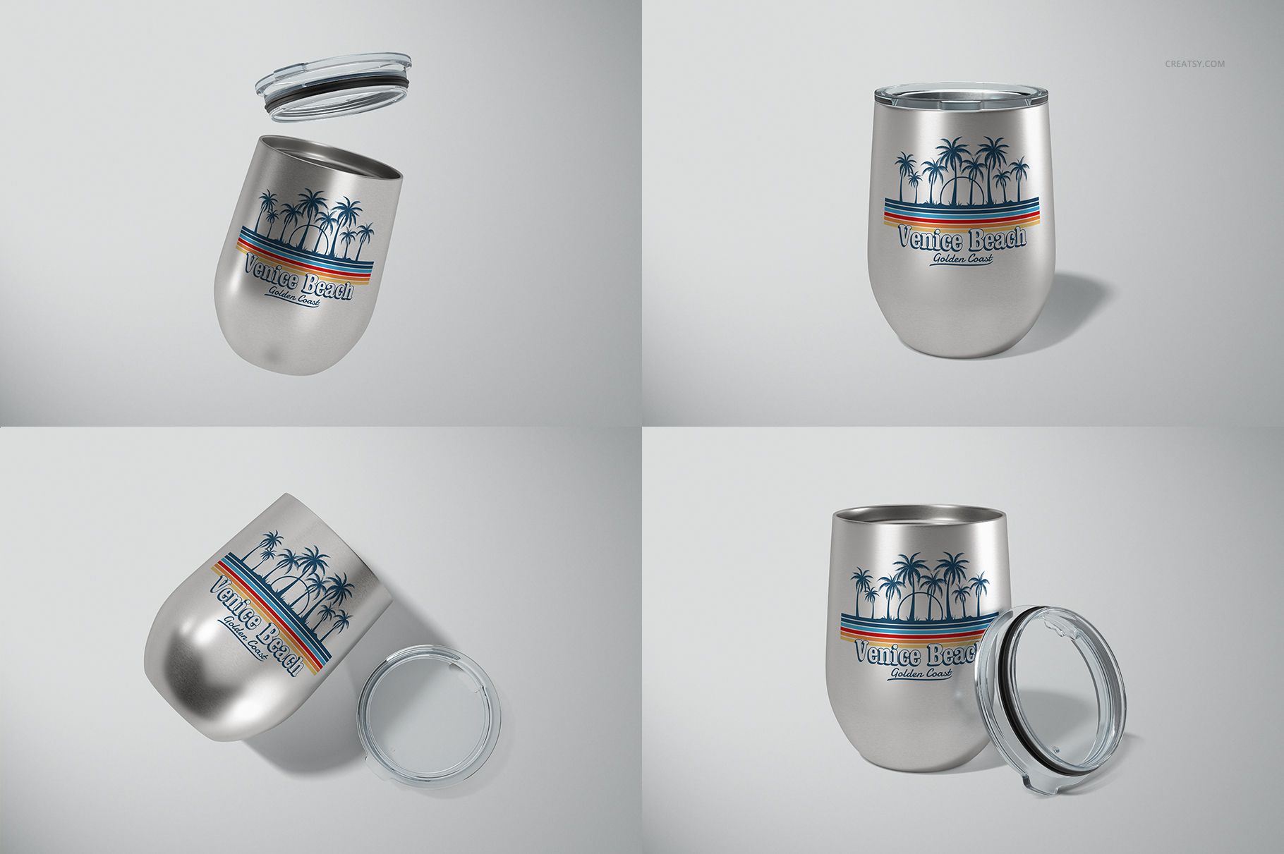 Set of four views of a 12 oz stemless wine cup mockup, silver finish with palm tree and text design, lid shown separately.