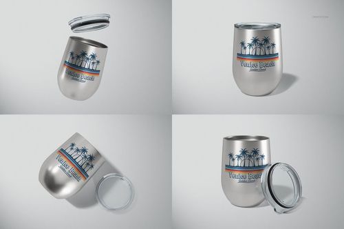 Set of four views of a 12 oz stemless wine cup mockup, silver finish with palm tree and text design, lid shown separately.
