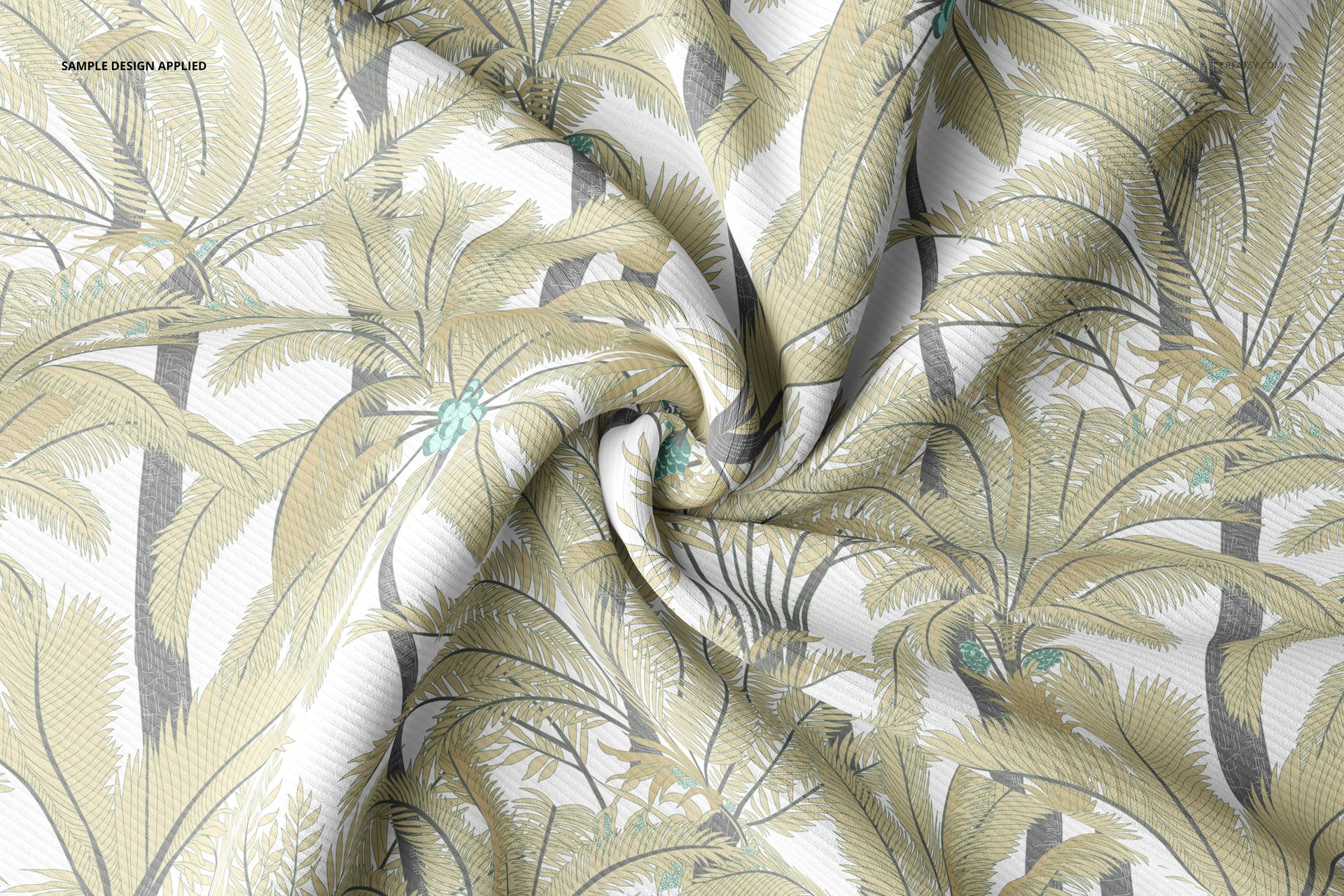 Rib knit fabric mockup featuring a close-up top view of twisted textile with a pale botanical pattern in neutral tones.