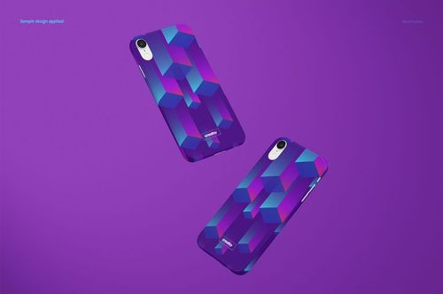 PSD mockup of two iPhone XR snap cases with a bold cube pattern, displayed against a plain purple backdrop.