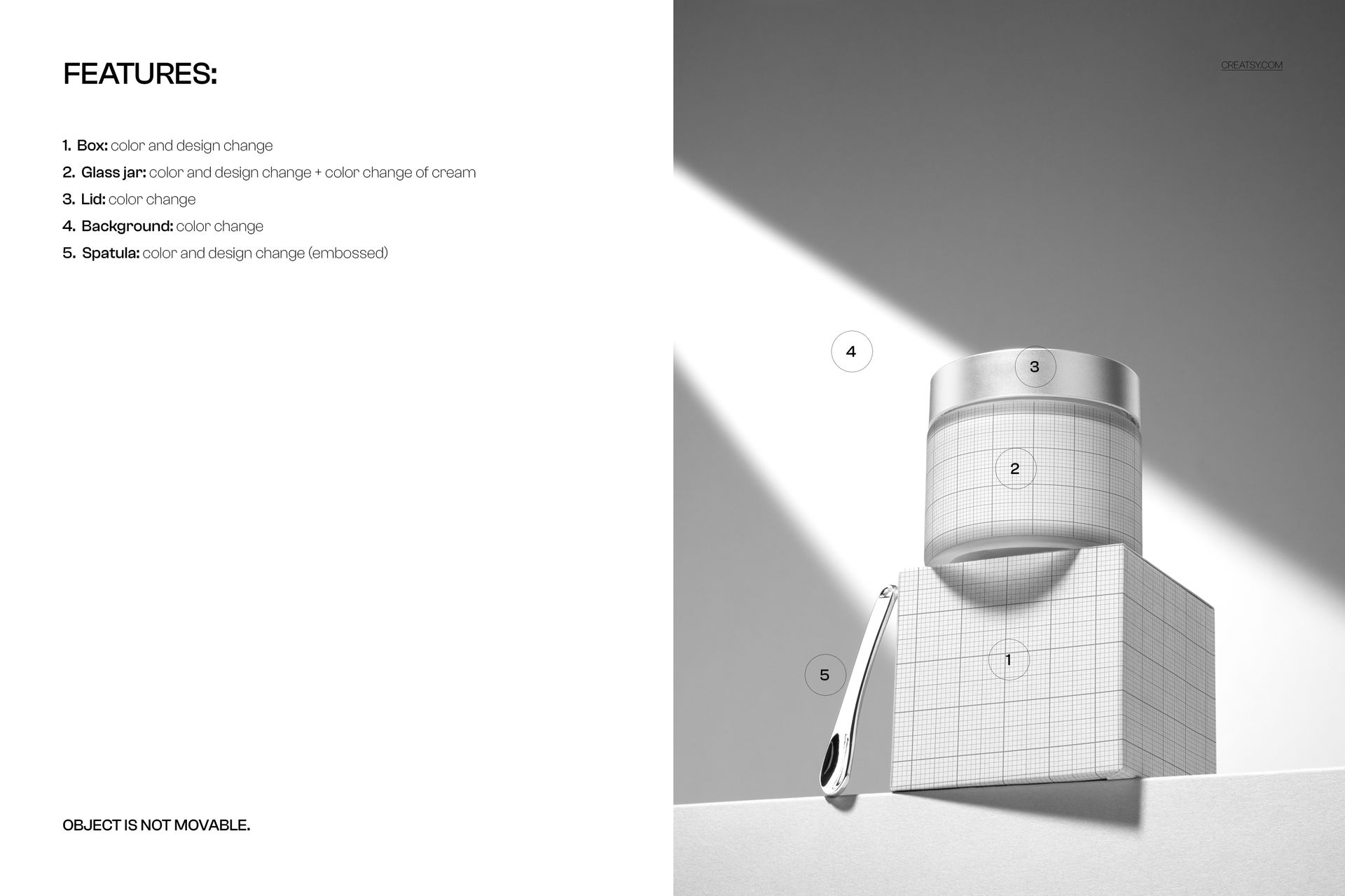 Front view of a cream jar with a spatula placed on a geometric block, featuring neutral gray tones in a PSD mockup.