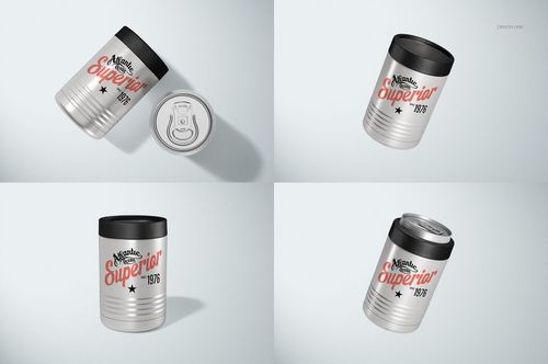 Stainless steel beverage can holder cooler with black lid, shown in four angles on a light background, mockup set.