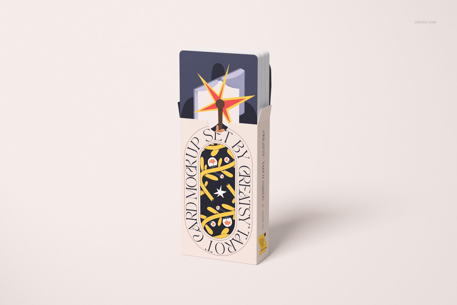 Tarot cards mockup featuring a standing box with colorful designs and several cards peeking out from the top.