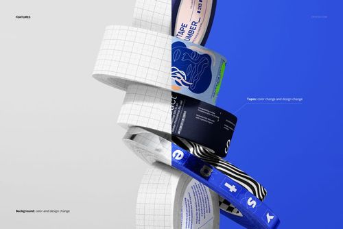 PSD mockup featuring a vertical pile of tape rolls, each with unique designs, set against contrasting backgrounds.