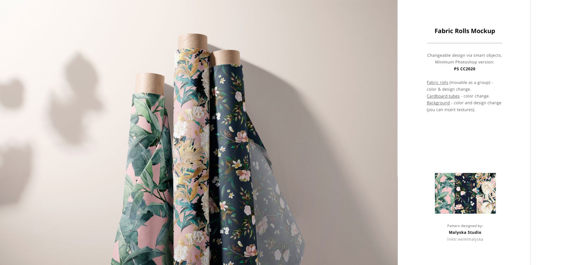 Side view of multiple patterned fabric rolls in various colors, shown in a studio setting for PSD mockup use.