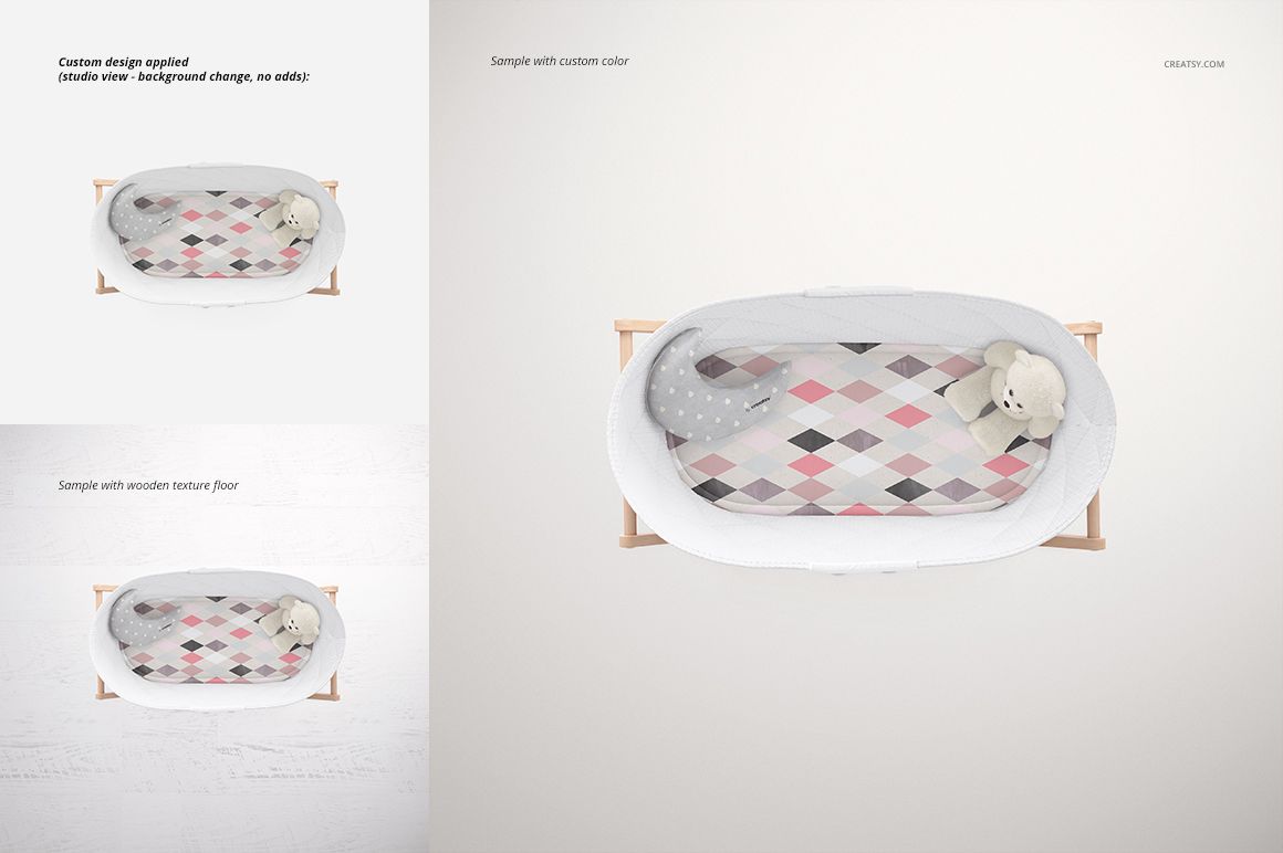 Top view of a bassinet liner mockup featuring a geometric patterned liner in soft pink, gray, and white tones with plush toys inside.