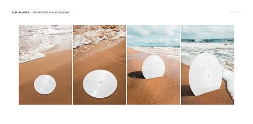 Mockup of a plain white vinyl record standing upright on a sandy beach, with waves and sky in the background.