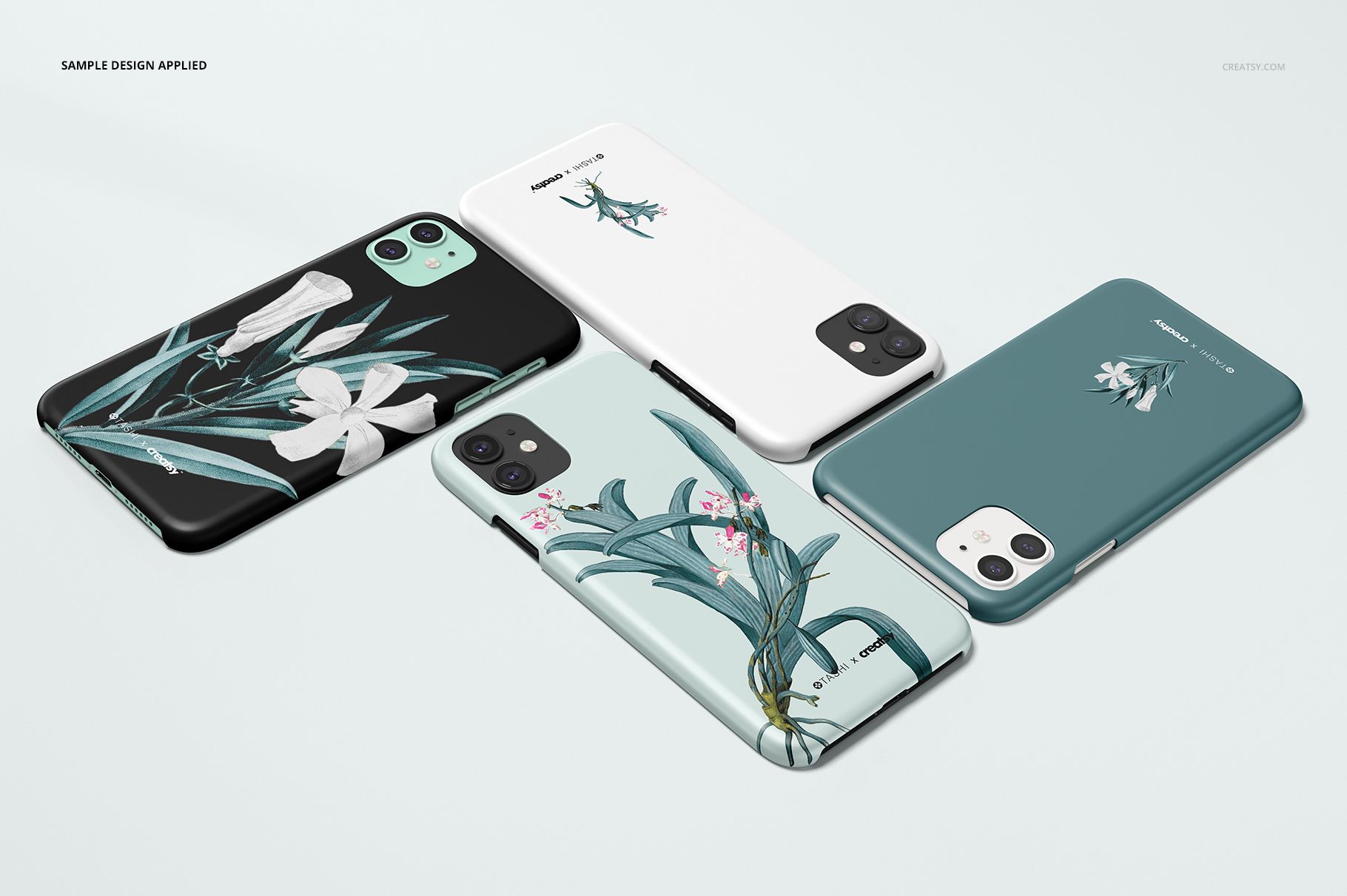Four iPhone 11 devices with matte snap cases featuring botanical designs, arranged on a light surface in a mockup scene.