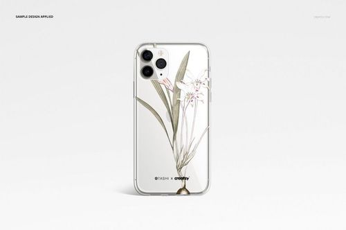 iPhone 11 Pro clear case mockup featuring a delicate floral design, displayed upright on a minimal white surface.