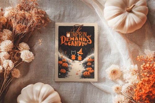 Halloween greeting card mockup with illustrated pumpkins and children, surrounded by white pumpkins and dried flowers.