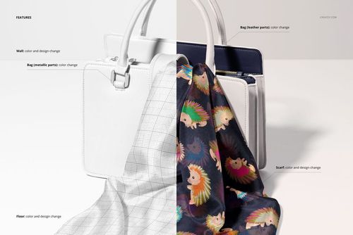 PSD mockup of a fashion accessory scene with a structured white handbag and a patterned silk scarf, both editable.