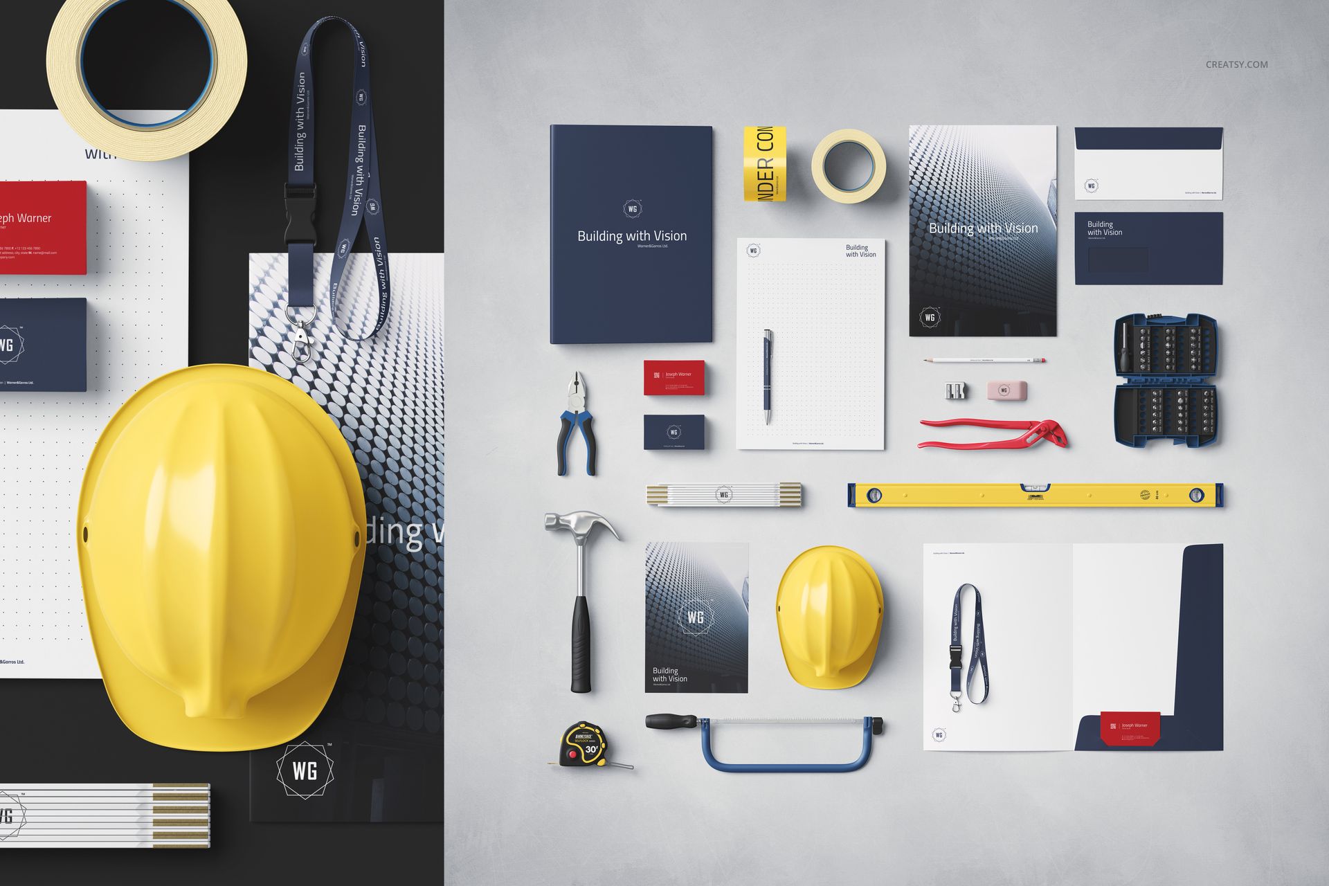 Construction company identity mockup set featuring stationery, business cards, and tools arranged on a gray surface.