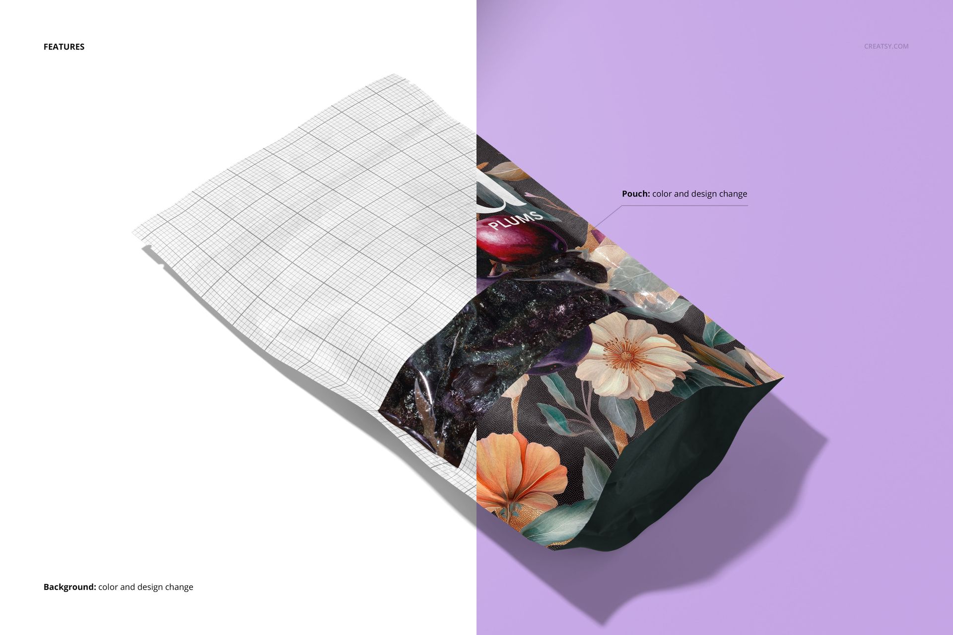 Paper pouch mockup displayed at an angle, featuring a floral and plum design on one half and a grid pattern on the other.