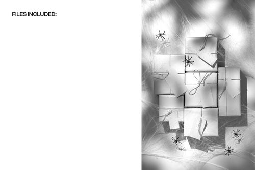 PSD mockup showing multiple wrapped boxes with Halloween tags, spider accents, and web textures in a spooky layout.