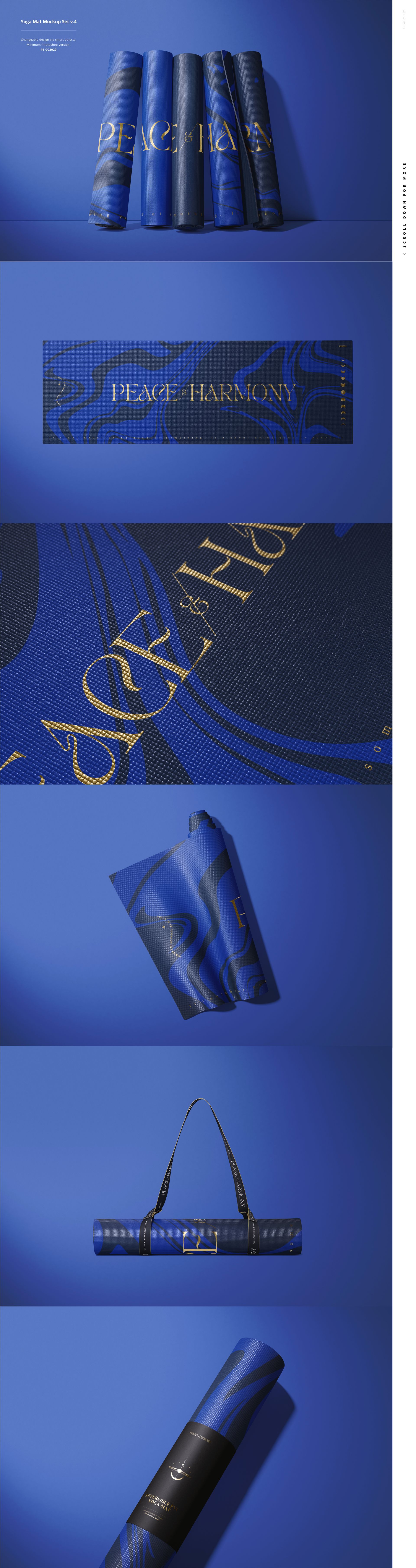 Yoga mat mockup bundle featuring blue mats with gold text and abstract patterns, shown rolled and flat against blue.