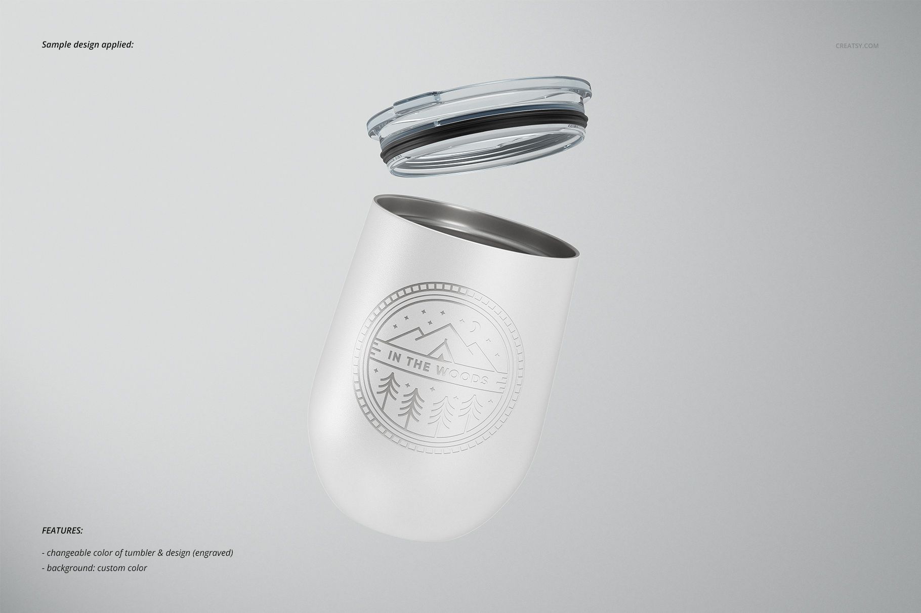 Front view of a white stemless wine cup with a transparent lid floating above, featuring a circular mountain and tree design.