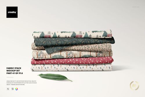Fabric stack mockup featuring five folded textiles with different patterns and colors, seen from the front.