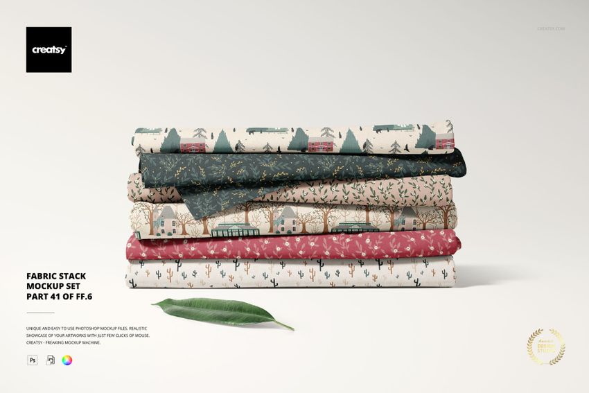 Fabric stack mockup featuring five folded textiles with different patterns and colors, seen from the front.