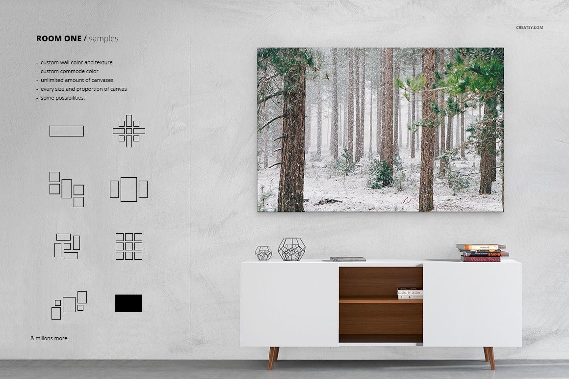 Room mockup showing a canvas wall art with a winter forest design, positioned above a sleek white cabinet and geometric decor.
