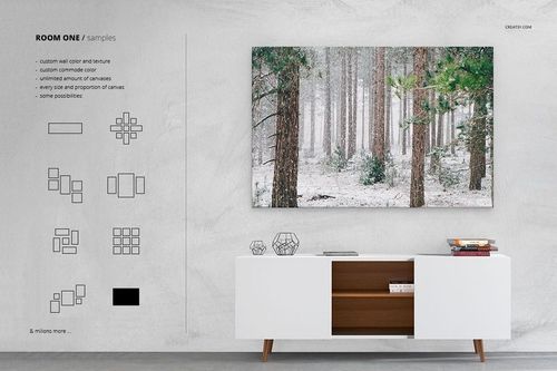 Room mockup showing a canvas wall art with a winter forest design, positioned above a sleek white cabinet and geometric decor.