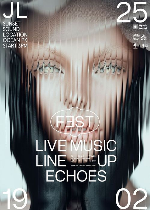 Front view of a poster mockup with abstract dark streaks, bold white text elements, and a central blurred area.