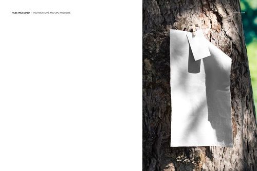 PSD mockup displaying a fabric sample pinned to a rough tree bark, with shadows and a small rectangular tag visible.