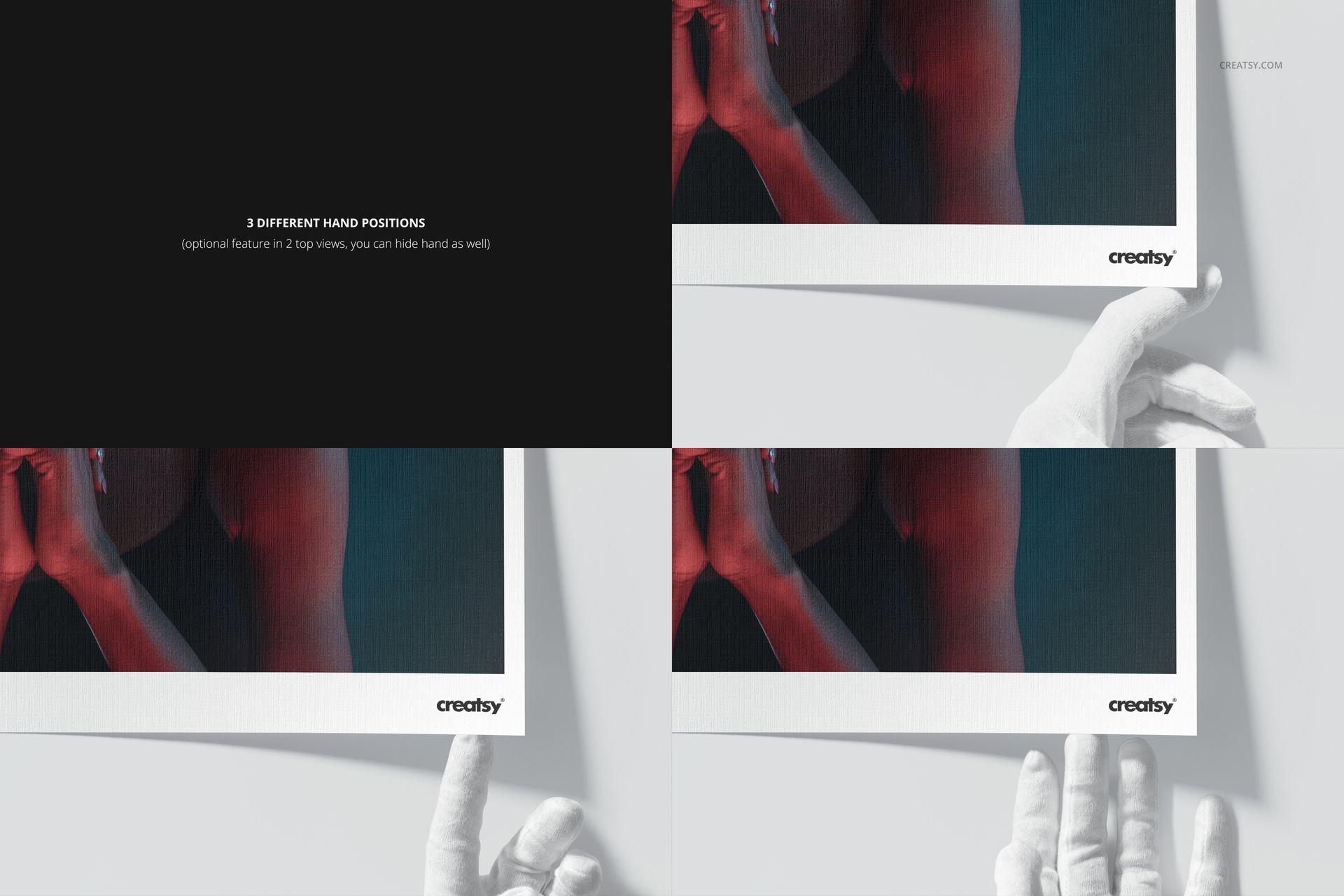 Canvas paper mockup set showing three different hand positions holding a rectangular art print on a white background.