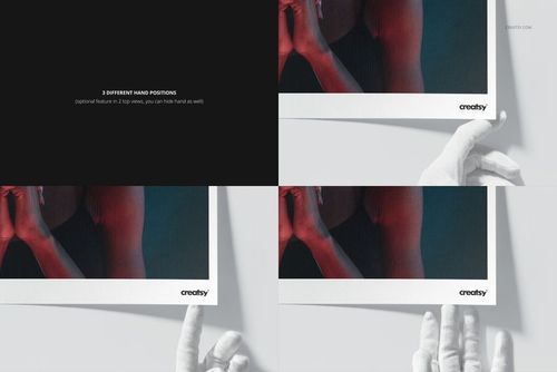 Canvas paper mockup set showing three different hand positions holding a rectangular art print on a white background.