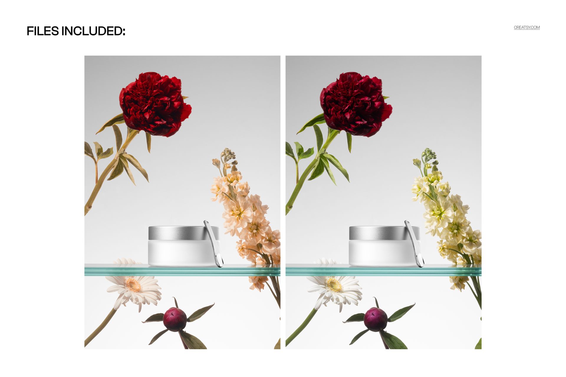PSD mockup showing a frosted cream jar with spatula and assorted flowers, displayed on a transparent glass shelf.
